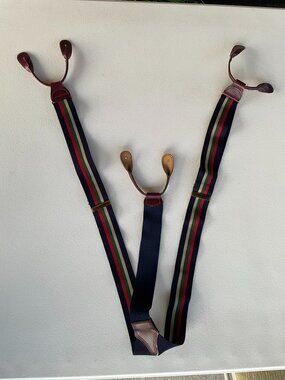 Vintage Button Suspenders Navy Green Red Stripe Leather Ends Adjustable Braces